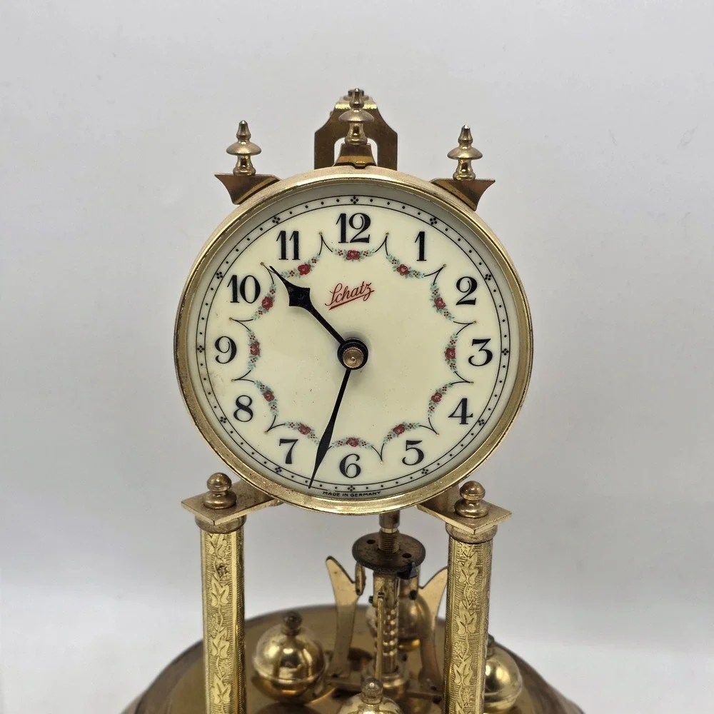 Schatz Anniversary Clock Brass German Mechanical Floral Dial Dome For Parts Only